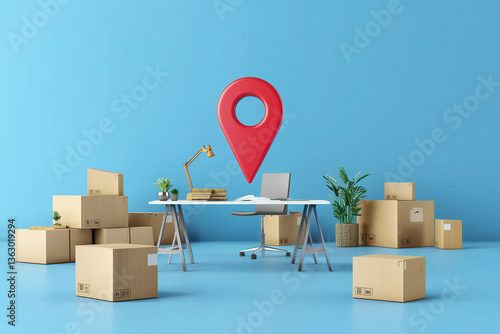 This image features a minimalistic office setting with cardboard moving boxes and a red location marker on a blue background, symbolizing a new beginning or relocation