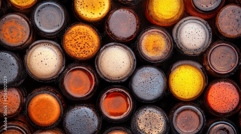 Aerial Close Up of Refreshing Assortment of Beer Bottles with Condensation Drops and Muted Color Palette for Beverage Industry Aerial Close Up of Refreshing Assortment of Beer Bottles with Condensation Drops and Muted Color Palette for Beverage Industry