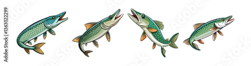 Set of Vibrant Winterfish Pike Fish Realistic Art