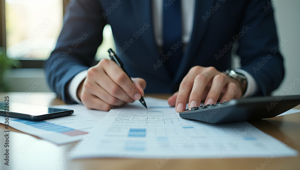 Businessman Managing Finances with Calculator and Notes in Office Businessman Managing Finances with Calculator and Notes in Office