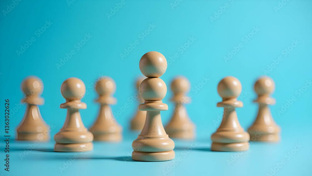 Leadership Concept: Wooden Person Model Stands Out Among Crowd on Blue Background - Stock Photo Leadership Concept: Wooden Person Model Stands Out Among Crowd on Blue Background - Stock Photo