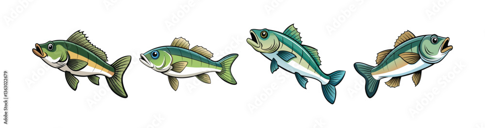 Fototapeta premium Set of Lifelike Wispwave Bass Fish Realistic Color Art