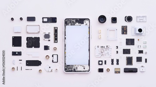 Smartphone Disassembly Showcase, a detailed flat lay arrangement of a disassembled smartphone featuring screen, camera modules, motherboard, chips, and battery on a light gray background