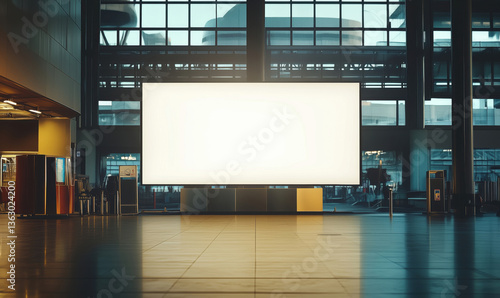 Empty digital billboard in modern airport terminal, large screen, bright light, spacious interior, glass walls, minimalistic design