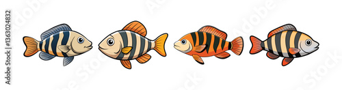 Set of Vibrant Zebra Cichlid Fish Realistic Art