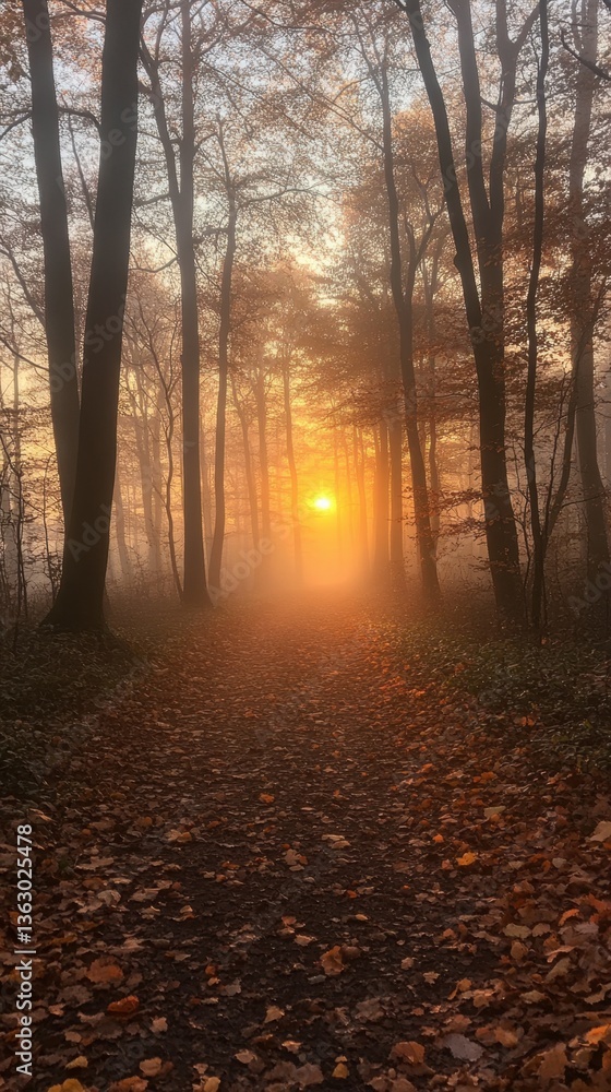 Fototapeta premium Enchanting Autumnal Forest Path Bathed in Golden Sunlight Through Misty Trees and Fallen Leaves Serene Nature Scene