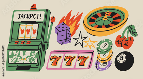 Casino icons set. Slots machine, burning dice, roulette, chips, lucky eight ball, cherries. Hand drawn Vector illustration. Gambling, jackpot, luck, poker, blackjack, tournament, fortune, game concept