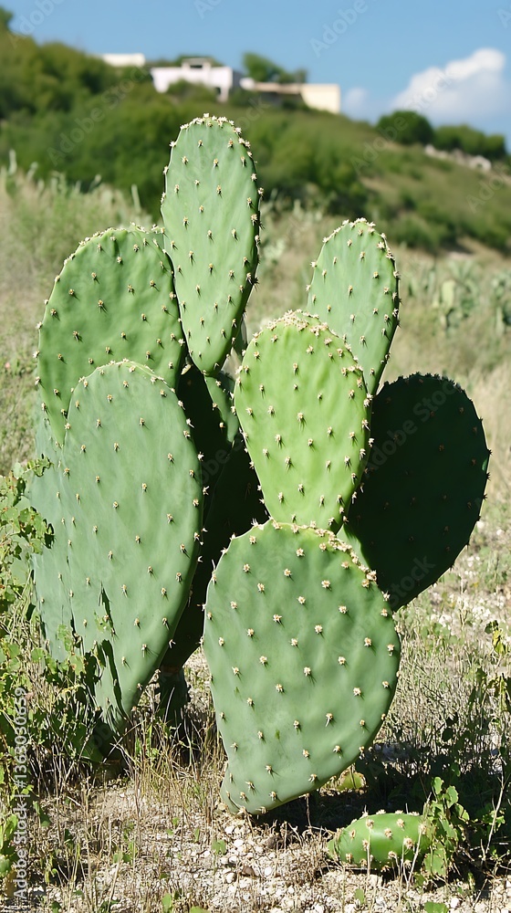 Prickly pear cactus in sunlight, showcasing its unique structure in nature Prickly pear cactus in sunlight, showcasing its unique structure in nature