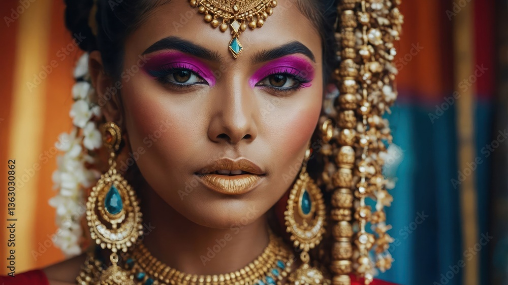 A close-up portrait of a woman adorned with traditional jewelry and vibrant makeup. A close-up portrait of a woman adorned with traditional jewelry and vibrant makeup.