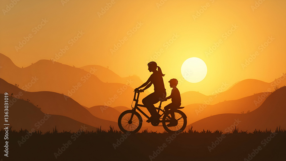 Family Bonding: Mother and Child Biking at Sunset - A Cute Vector Illustration Family Bonding: Mother and Child Biking at Sunset - A Cute Vector Illustration