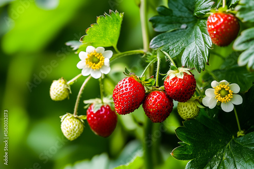 Red and unripe strawberries on the bush. Flowers and berries on the bush