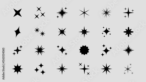 Set of original star sparkle shapes. Abstract shine effect vector sign. Retro futuristic bright vector icons collection. Glowing light effect, twinkle templates stars and bursts, shiny flash.