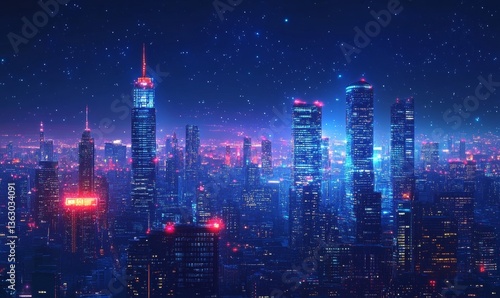 Wallpaper Mural a stunning cityscape with modern skyscrapers glowing in vibrant hues under a starry night sky Torontodigital.ca