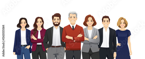 Multiethnic business team standing with senior leader. Isolated vector illustration