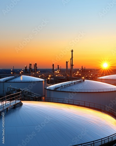 A stunning sunset over industrial storage tanks, showcasing a blend of nature and technology in a vibrant, colorful sky.