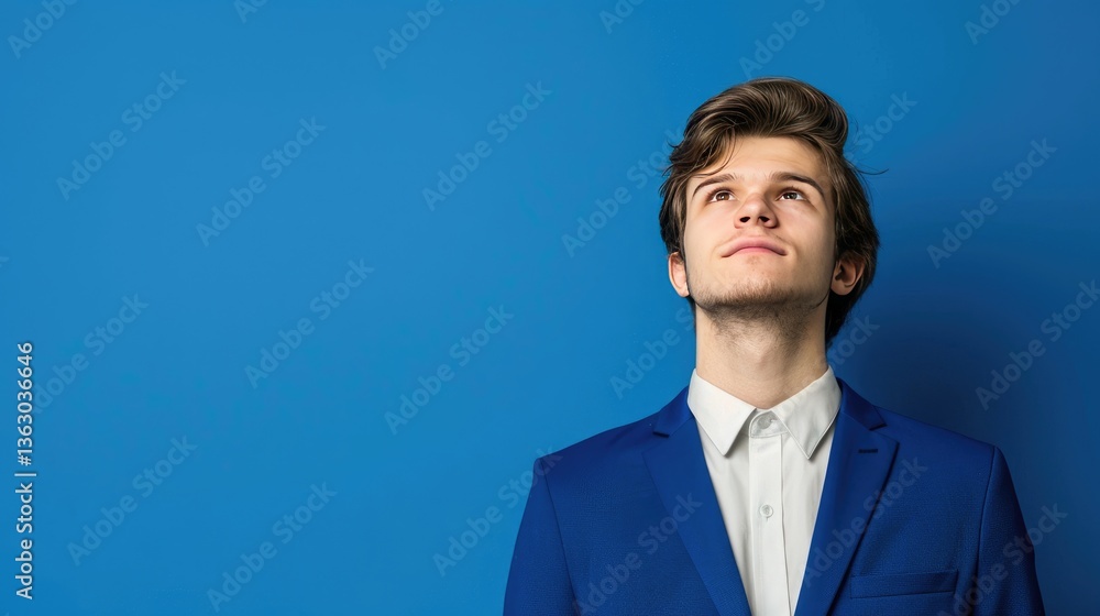 A young man looking upwards wearing a blue blazer A young man looking upwards wearing a blue blazer