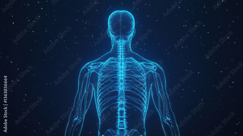 Glowing blue human spine and nervous system on dark background Glowing blue human spine and nervous system on dark background