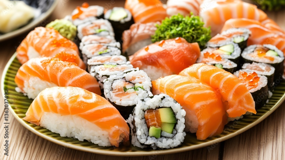 Assorted sushi platter with fresh salmon, avocado and roe served on a green plate Assorted sushi platter with fresh salmon, avocado and roe served on a green plate