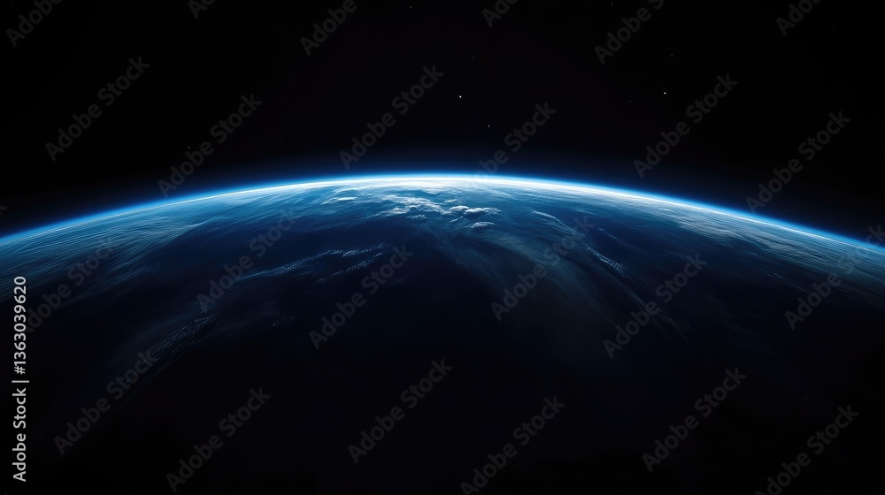 Fototapeta premium Earth from space, a breathtaking view of our planet bathed in cosmic darkness. A view from above, showcasing the delicate blue and white tones of the atmosphere and clouds