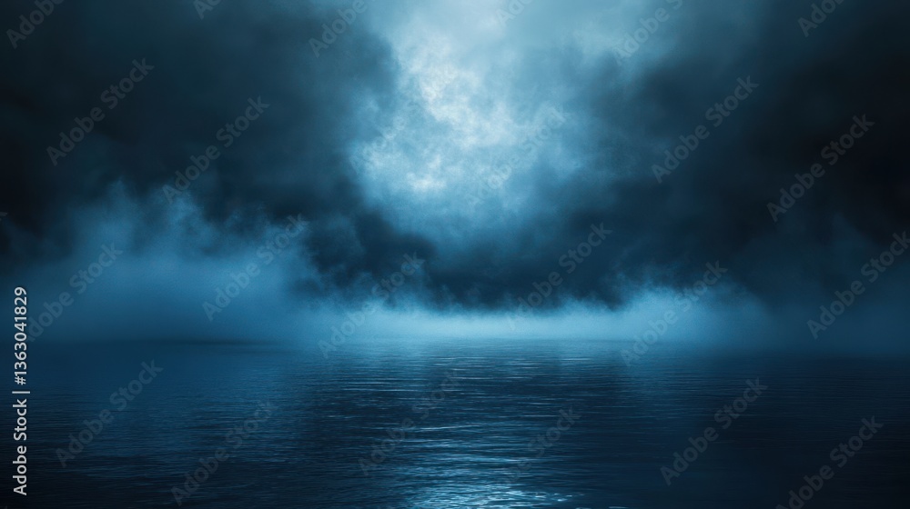 Haunted sea under a pitch-black sky, eerie blue fog drifting above the water, creating a mysterious, blurred effect. Haunted sea under a pitch-black sky, eerie blue fog drifting above the water, creating a mysterious, blurred effect.