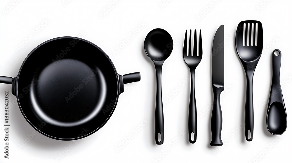 Sleek Black Cookware and Utensil Set: A Studio Flat Lay AI Generated Sleek Black Cookware and Utensil Set: A Studio Flat Lay AI Generated