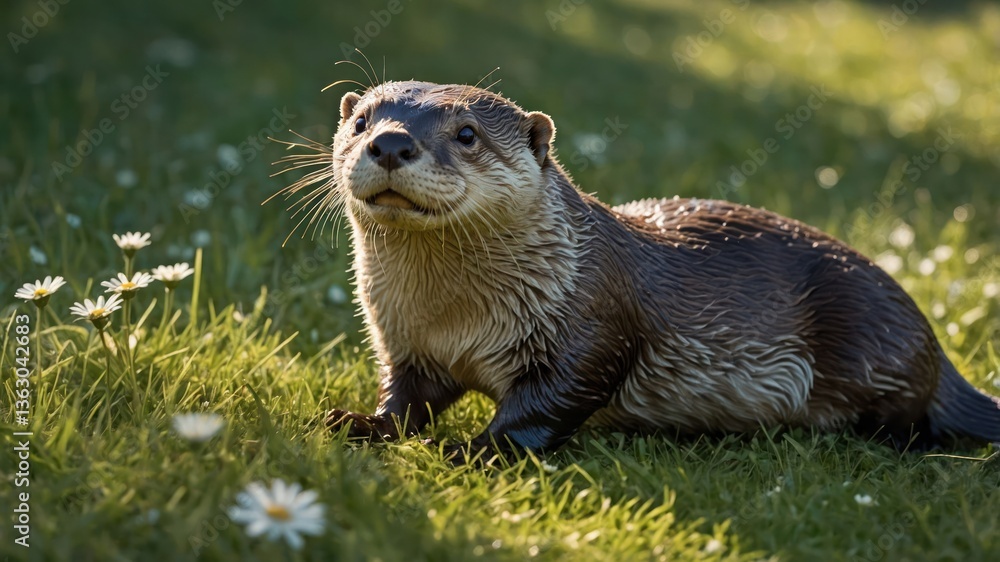 A playful otter exploring a grassy area adorned with daisies. A playful otter exploring a grassy area adorned with daisies.