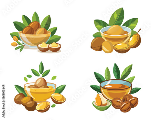 Argan Oil Benefits Natural Beauty Product, glass bowl filled with pure golden argan oil, argan oil vector illustration