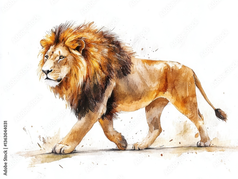Obraz premium Majestic lion watercolor painting in warm tones walking across a white canvas with artistic splatters creating a dynamic and captivating wildlife portrait