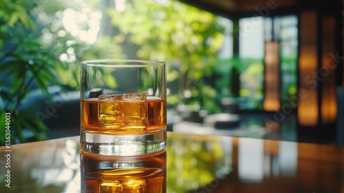 Whiskey Glass with Ice Cubes on a Wooden Table in Relaxing Atmosphere