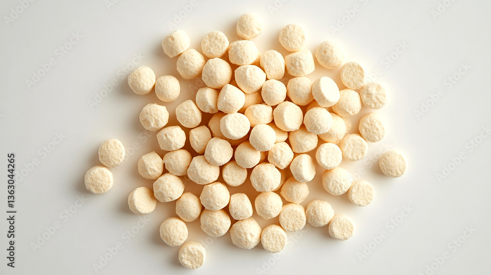 White round pills scattered on a clean white background White round pills scattered on a clean white background