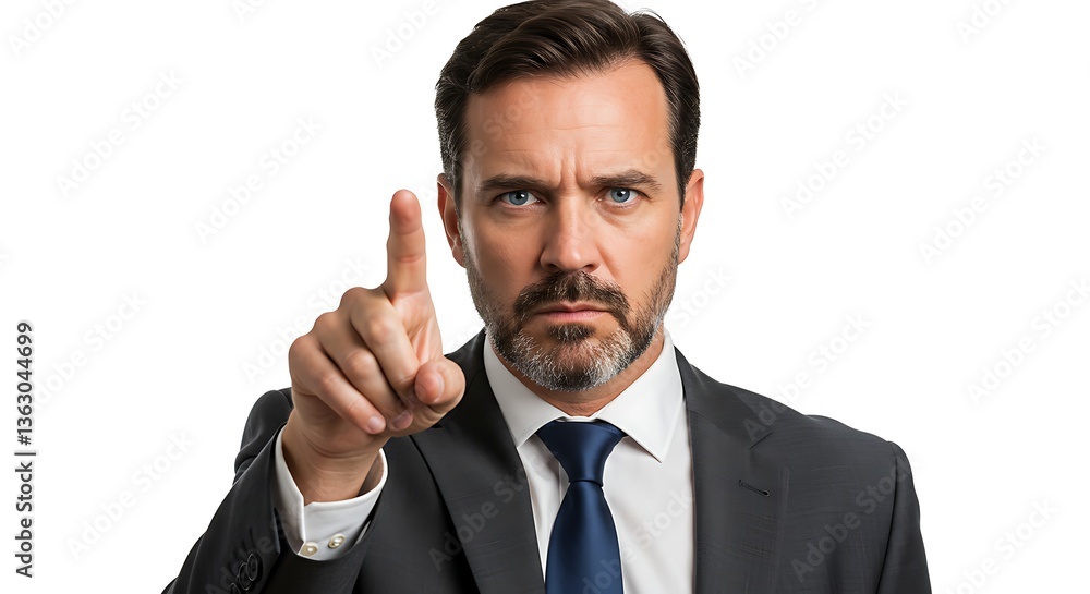 Man in suit with raised index finger against a plain white backgroundisolated on white background Man in suit with raised index finger against a plain white backgroundisolated on white background