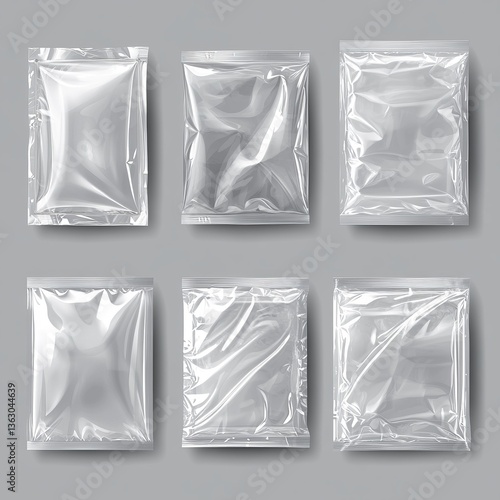 Vinyl cover with shrink effect - realistic transparent plastic package. Vector illustration set - overlay mockup of square seal wrap. Texture of cellophane or polythene wrapper with wrinkle.