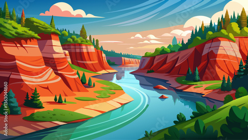 Peaceful landscape with Gauja river and red sandstone (Erglu klint) steep rocks in Gauja National Park in Valmiera area
