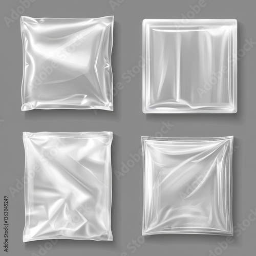 Vinyl cover with shrink effect - realistic transparent plastic package. Vector illustration set - overlay mockup of square seal wrap. Texture of cellophane or polythene wrapper with wrinkle.