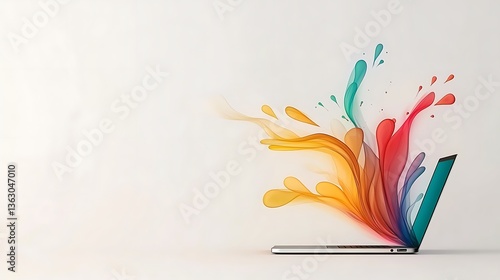 Vibrant Color Splash Emerging from Laptop Screen: Digital Illustration AI Generated