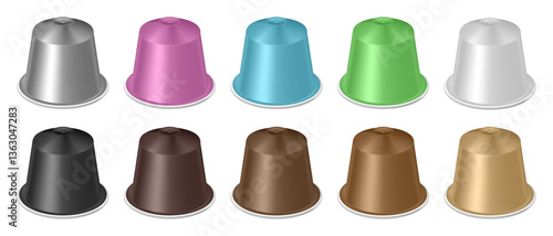 Set of multicolored coffee capsules. Realistic packaging mockup.	