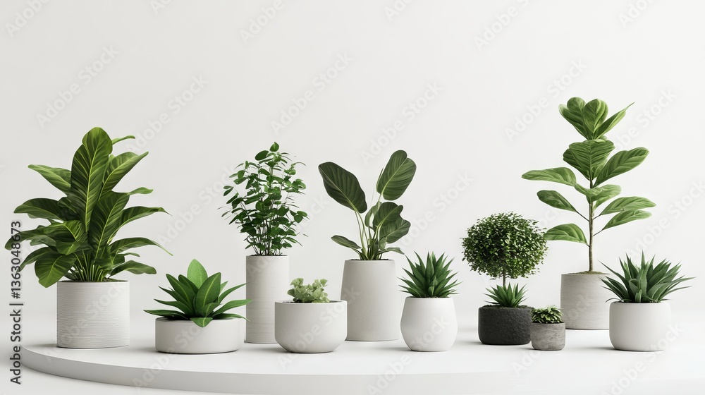 White wall serves as the backdrop for indoor plants arranged on white platforms, perfect for home decor websites White wall serves as the backdrop for indoor plants arranged on white platforms, perfect for home decor websites