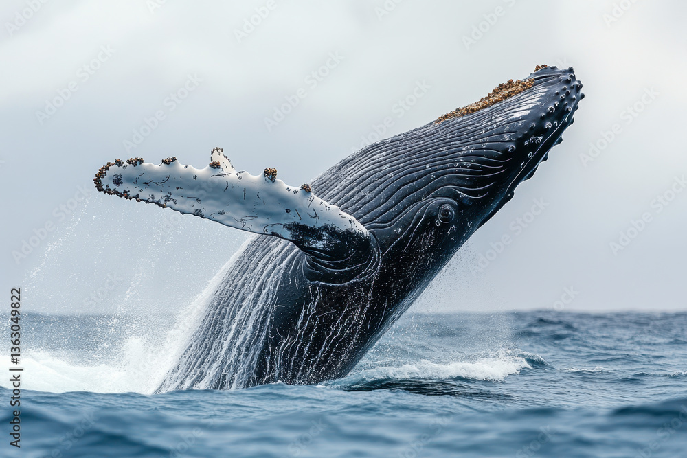 Fototapeta premium A humpback breaches in the ocean, creating a splash against a clear blue sky.