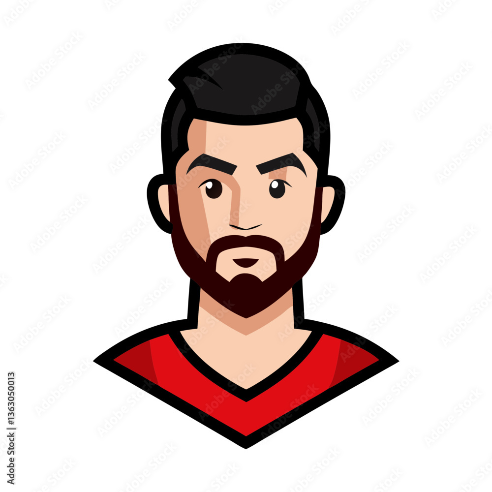 a cartoon character man with a beard. The man has black hair and a red shirt. a cartoon character man with a beard. The man has black hair and a red shirt.