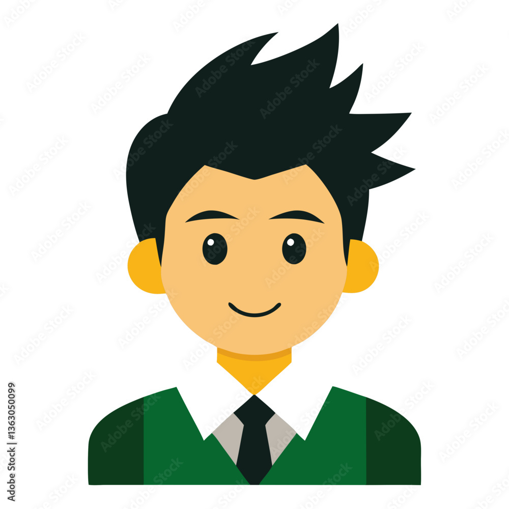 vector cartoon illustration of a young male with black hair wearing a green outfit smiling vector cartoon illustration of a young male with black hair wearing a green outfit smiling