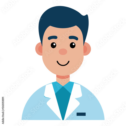 Smiling Doctor: A friendly and approachable cartoon doctor, characterized by a blue shirt and a white lab coat, smiling warmly, exuding professionalism and compassion, with a welcoming expression.  