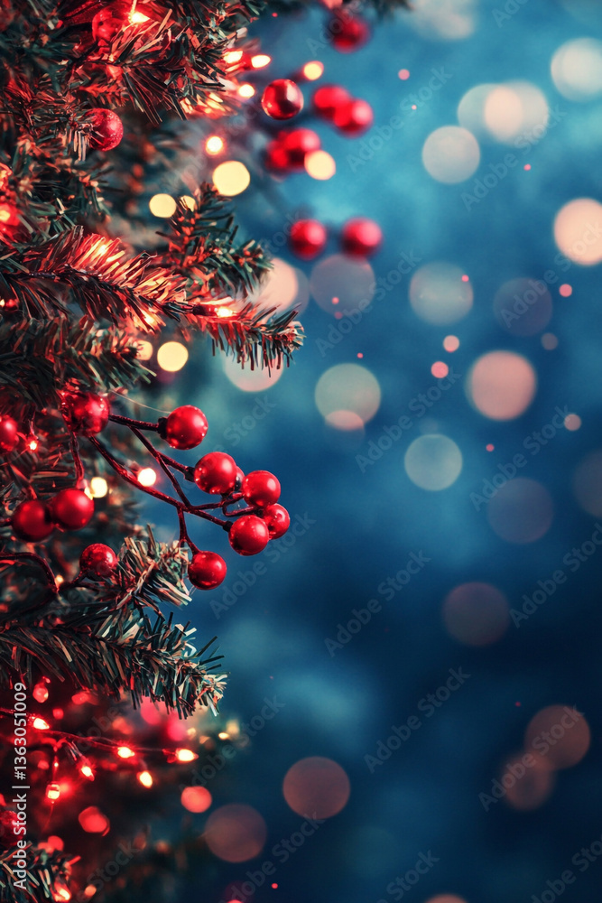 Festive Christmas Background Red Berries, Lights, and Blurred Bokeh Festive Christmas Background Red Berries, Lights, and Blurred Bokeh