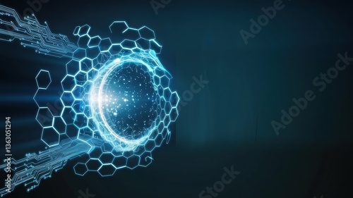 Orb of Innovation: A stunning digital representation, a bright and glowing orb with a captivating energy, is encapsulated by a network of intricate connections.