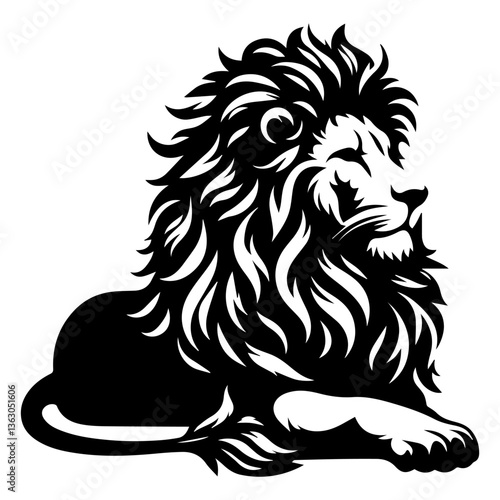 A black and white silhouette of a reclining lion on a white isolated background. Vector graphics. EPS.