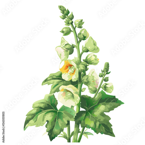 Hollyhock in Bloom: A delicate hollyhock flower, its vibrant petals unfurling in a botanical watercolor style, brings a touch of elegance to any setting.