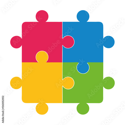 Colorful Puzzle Pieces: Four vibrant puzzle pieces interlock to form a cohesive whole. Reflecting on teamwork, collaboration, and problem-solving, this image is perfect for business, education.