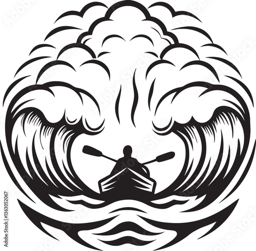 A kayaker riding whitewater rapids silhouette 