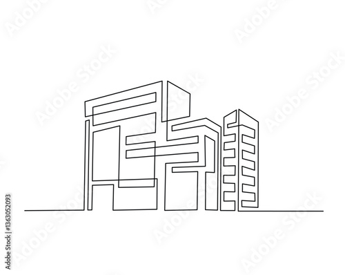 Modern building architecture outline drawing illustration. one continuous line drawing of apartment, house or commercial building.