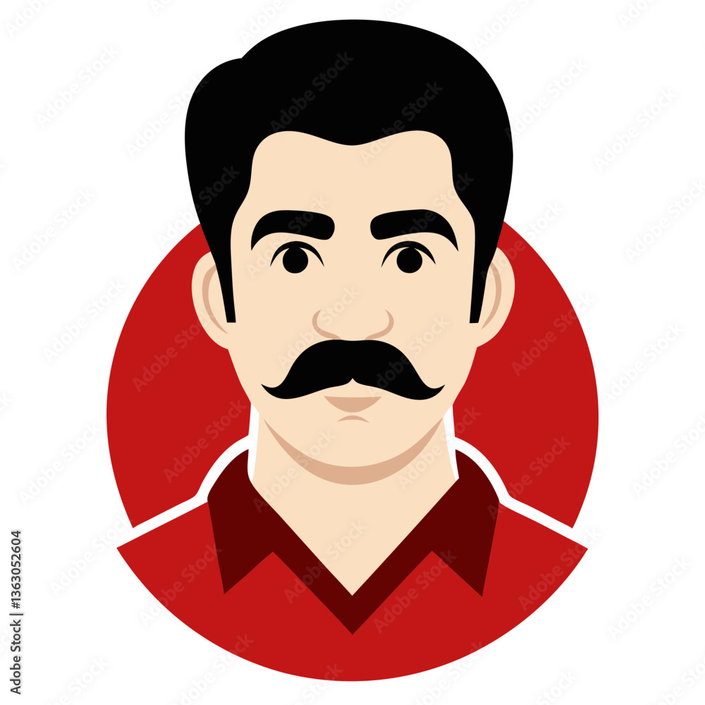 a portrait vector cartoon illustration of a man with a mustache. He is depicted from the chest up against a red backdrop a portrait vector cartoon illustration of a man with a mustache. He is depicted from the chest up against a red backdrop