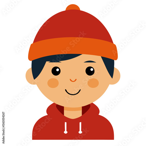 a cartoon illustration of a cheerful young boy wearing a red hat and a red hoodie, smiling warmly